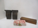 Pair of Wood Carved Corbels and 2 Vintage Boxes