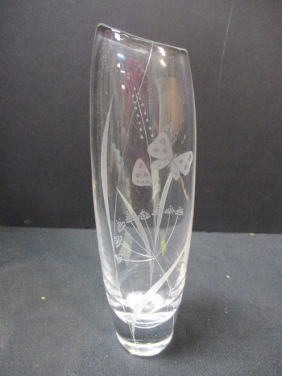 Koita #2454 Signed Linoituano? Crystal Butterfly Etched Vase