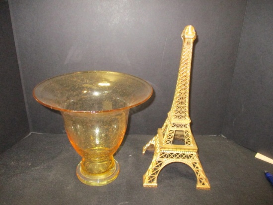 Brass Eiffel Tower (14") & Amber Bubble Glass Vase (9")
