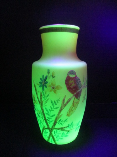 Rococo Handpainted Cased Vaseline Glass Vase