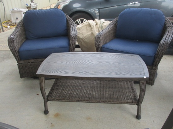 Woven Resin Swiveling/Rocking Chairs and Coffee Table