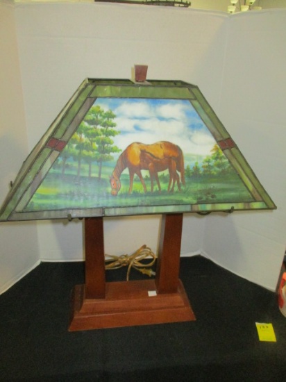 Equestrian Painted Stained Glass Arts & Craft Style Lamp