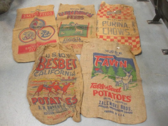 Five Vintage 100lb. Burlap Animal Feed Sacks
