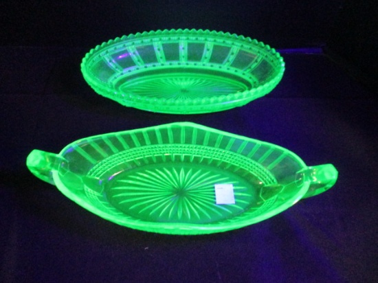 Two Green Vaseline/Uranium Glass Oval Dishes
