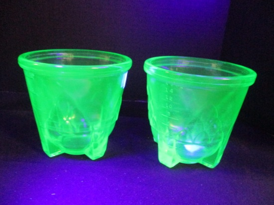Two Footed Green Vaseline Glass 2 Cup Measuring Cups