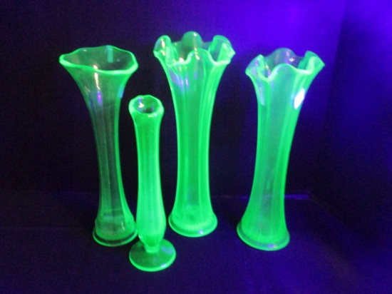 Four Green Vaseline Glass Stretched Bud Vases