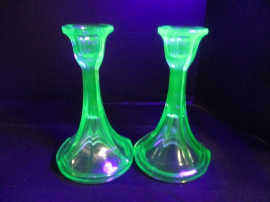 Pair of Green Vaseline/Uranium Glass Candlesticks