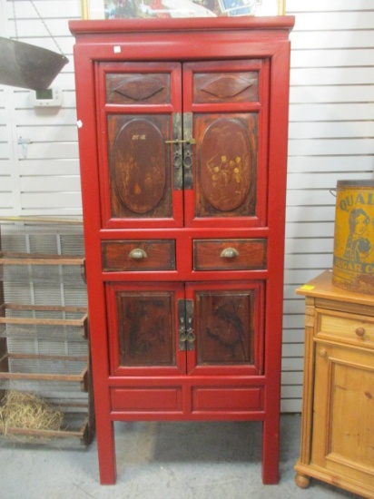 Red Lacquer Chinoiserie Style Cupboard