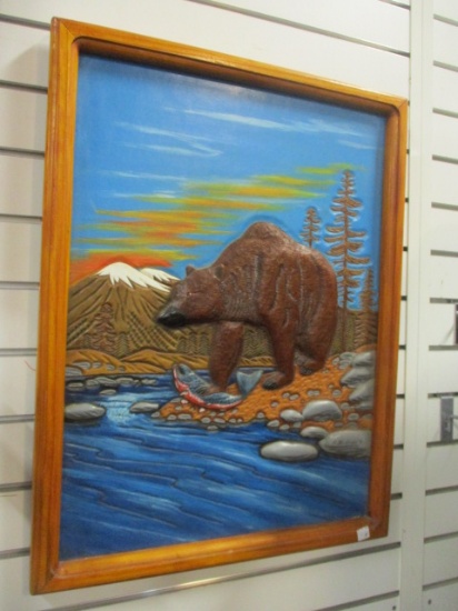 Signed Hand Carved/Painted Bear in River Wall Plaque