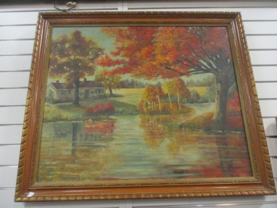 Signed Robsam Fall Cottage Landscape Oil on Canvas