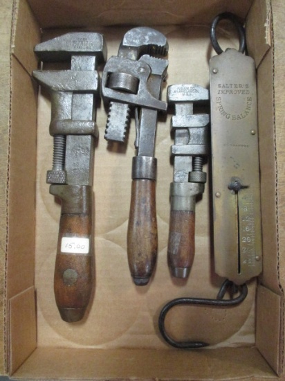 Three Antique Pipe Wrenches and Spring Scale