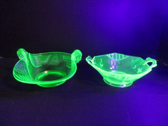 Two Vintage Green Vaseline/Uranium Glass Bowls