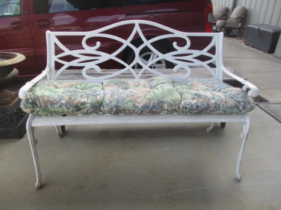 Painted White Cast Metal Bench w/ Cushions