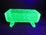 Green Vaseline/Uranium Glass Footed Log Tidbit Dish