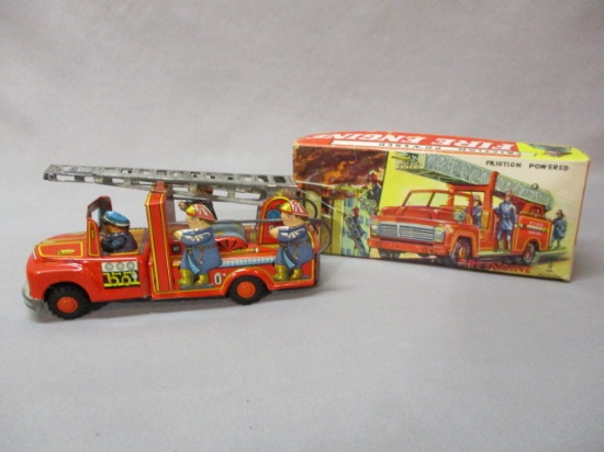 Tin Friction Fire Ladder Truck w/Original Box - Made In Japan