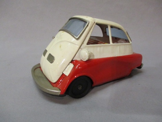 1950's Tin Bubblecar BMW Isetta By Bandai B-588 Friction Toy - Made In Japan 7" x 4"