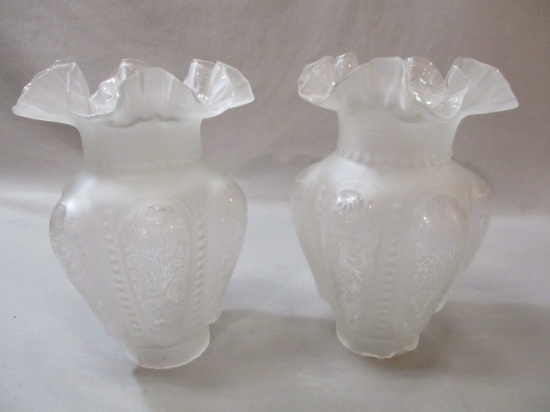 2 Antique Frosted & Etched Glass Lamp Shades w/Ruffled Tops 9"
