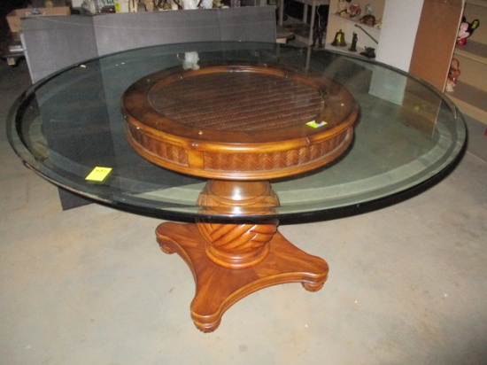 Round Glass Top Table w/Wood Pedestal Base 54"w X 31"h