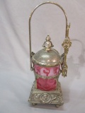 Antique Silverplate Pickle Caster w/Cranberry Serving Glass & Tongs