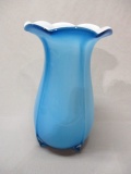 Vintage Blue Cased Glass Vase 9 1/2