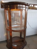Lighted Glass & Wood Curio w/Bow Front & Side Doors - Bottom front bowed glass is missing