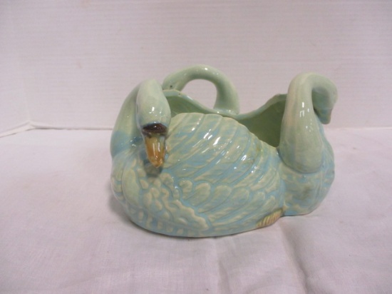 Vintage Japanese Triple Swan Painted Pottery Planter