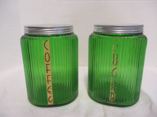 2 Vintage Green Ribbed Hoosier Glass Canister Jars with Lids