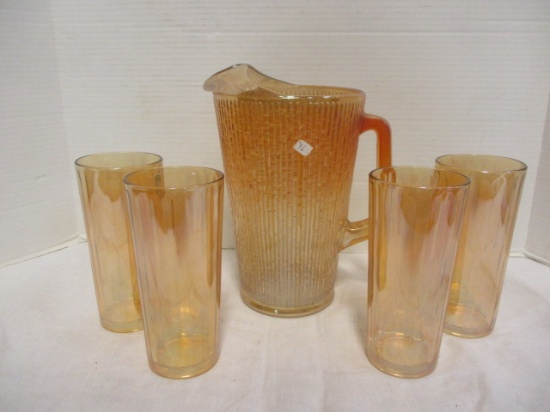 Vintage Marigold Carnival Glass Pitcher and 4 Glasses