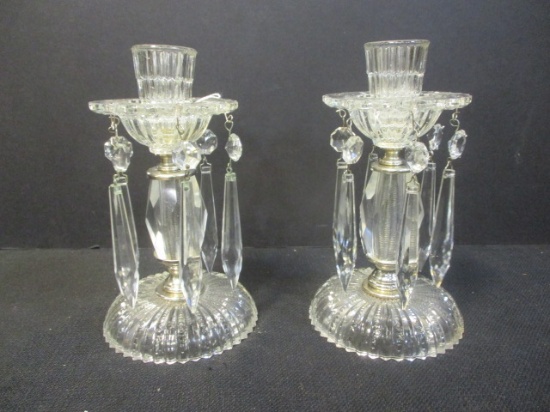Pair of Vintage Pressed Glass Candlesticks with Prisms