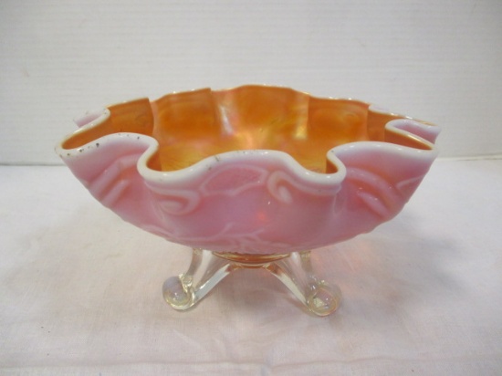 Vintage Dugan Cherry Peach Opalescent Carnival Glass Footed Ruffled Bowl