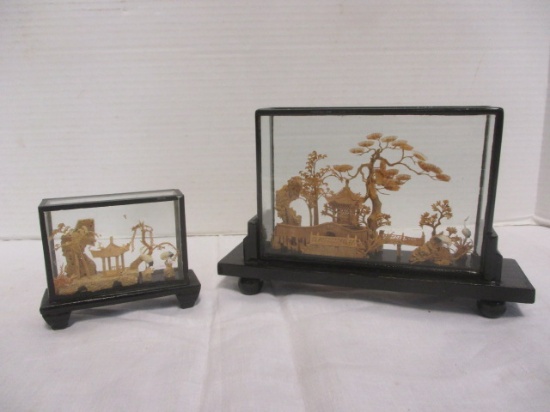 2 Vintage Chinese Cork Carving Diorama Shadow Boxes