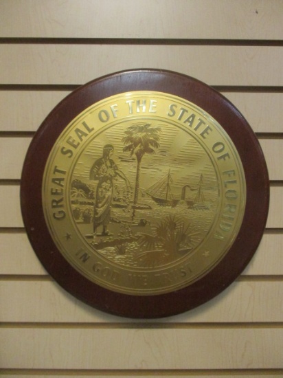 Gold Metal "Florida" State Seal  on Round Wood Medallion