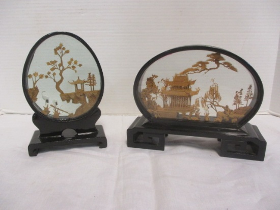 2 Vintage Chinese Cork Carving Diorama Oval Shadow Boxes