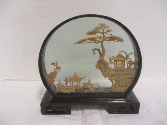 Large Vintage Chinese Cork Carving Diorama Round Shadow Box