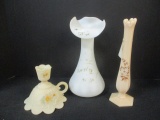Signed Fenton Candle Holder and 2 Handpainted Painted Bud Vases