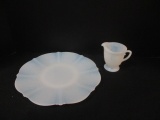 Vintage Iridescent Blue Milk Glass Platter and Cup