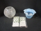 Fenton Ruffled Blue Glass Lamp Shade, Clear Glass Etched Ball Shade,