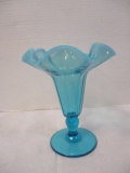 Vintage Blue Glass Handkerchief Ruffle Rim Vase