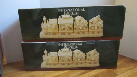 Two International Bazaar Porcelain Train Night Light Sets in Original Boxes