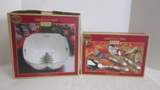 Spode Christmas Tree 3 Piece Cutlery Set and 10" Square Bowl in Original Boxes