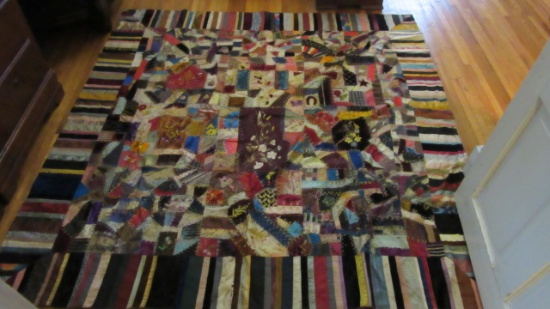 Beautiful Antique 1886 Hand Stitched Crazy Quilt with Needlework and Applique Panels