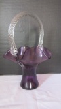 Amethyst Art Glass Ruffle Basket with Clear Twisted Design Handle