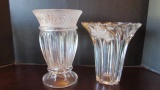 Two Tall Clear Glass Vases with Frosted Designs