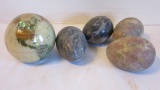 Natural Stone Globe Paperweight and Four Stone Eggs