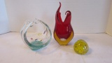 Art Glass Paperweight, Basket and Vase