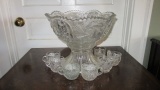 Vintage Clear Glass Punch Bowl with Pedestal and Eight Punch Cups