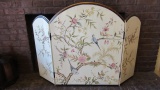 Hand Decorated Folding 3 Panel Fireplace Screen with Birds in Flowering Bushes