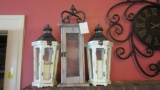 Three Farmhouse Rustic Lanterns and Two LED Pillar Candles