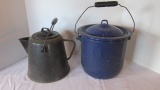 Black/White Speckled Enamel Cowboy Coffee Pot and Blue/White Speckled