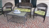 All Weather Woven Resin Love Seat, Pair of Armchairs and Glass Top Table
